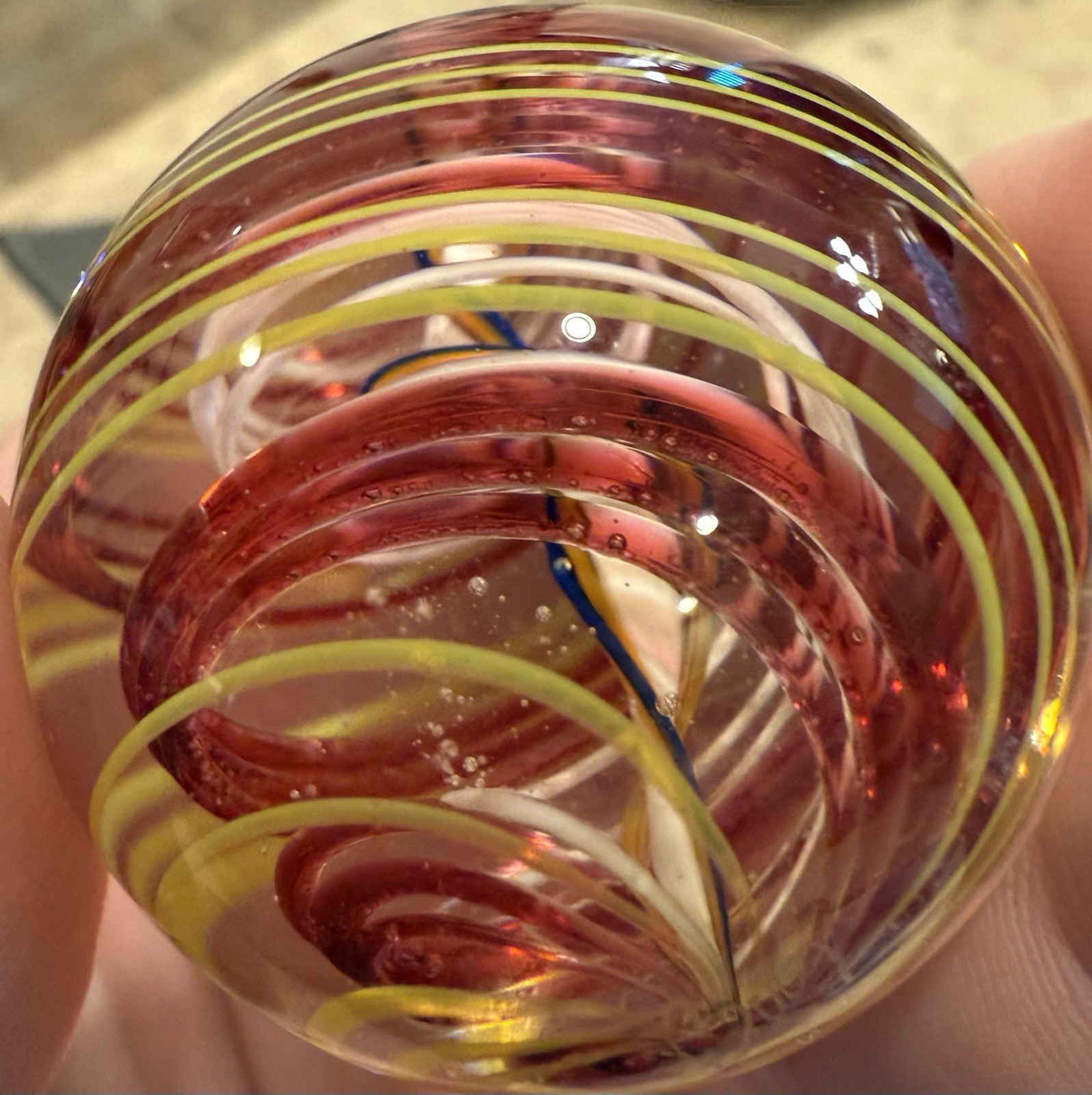 Studio Artist Signed Art Glass Marble 1.73” Latticino Ribbon Core Handmade