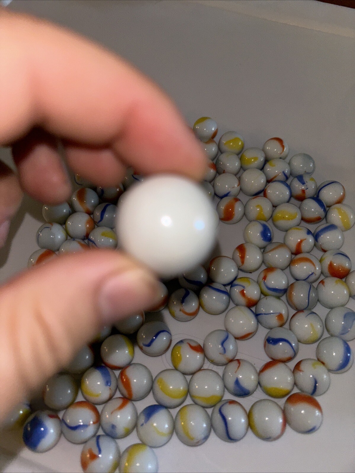 100+ Glass Marbles Opaque White Ribbon Swirls Blue Orange Yellow + White Shooter
