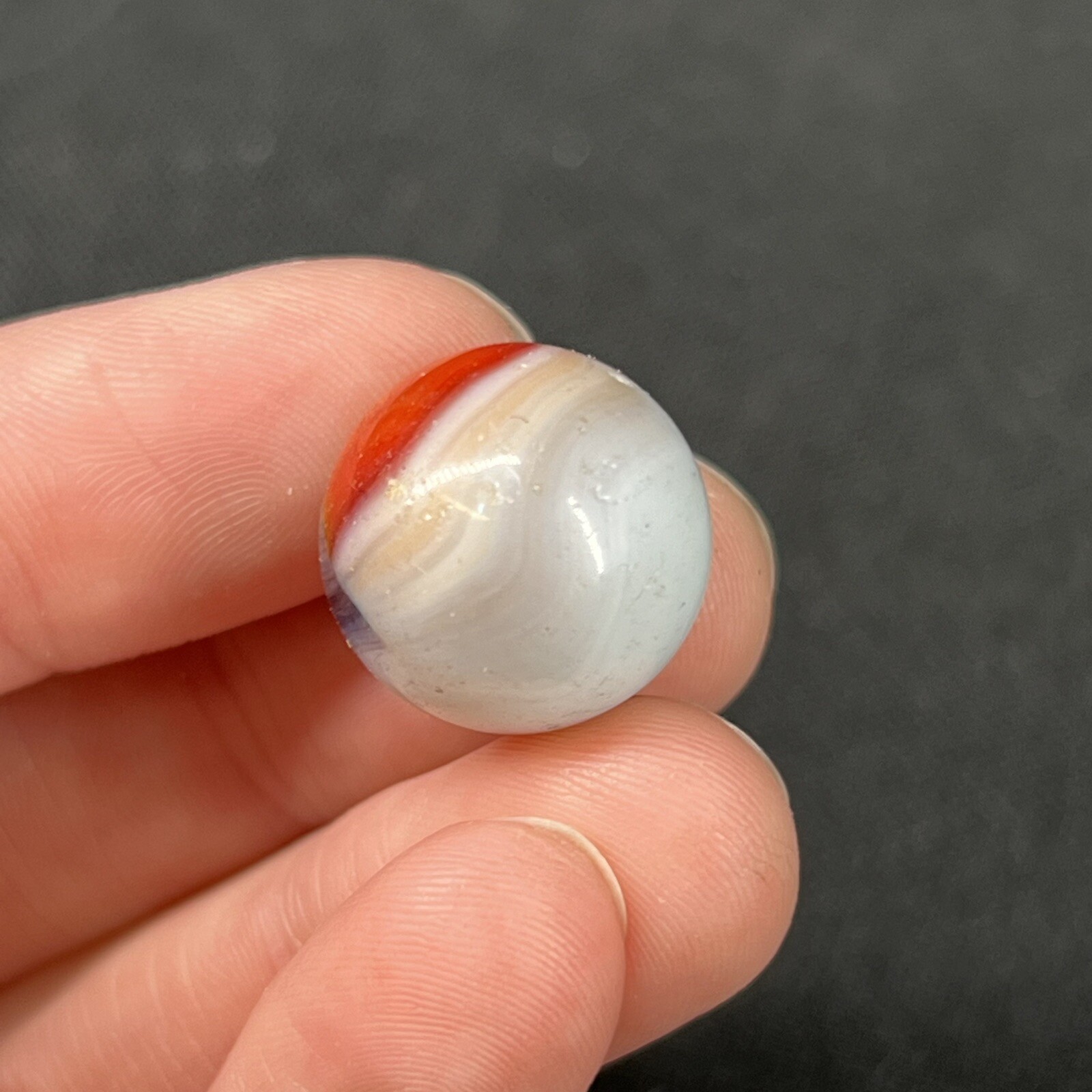 Vintage Akro Agate Peltier Christensen Art Glass Swirl Marble Purple Orange .6”