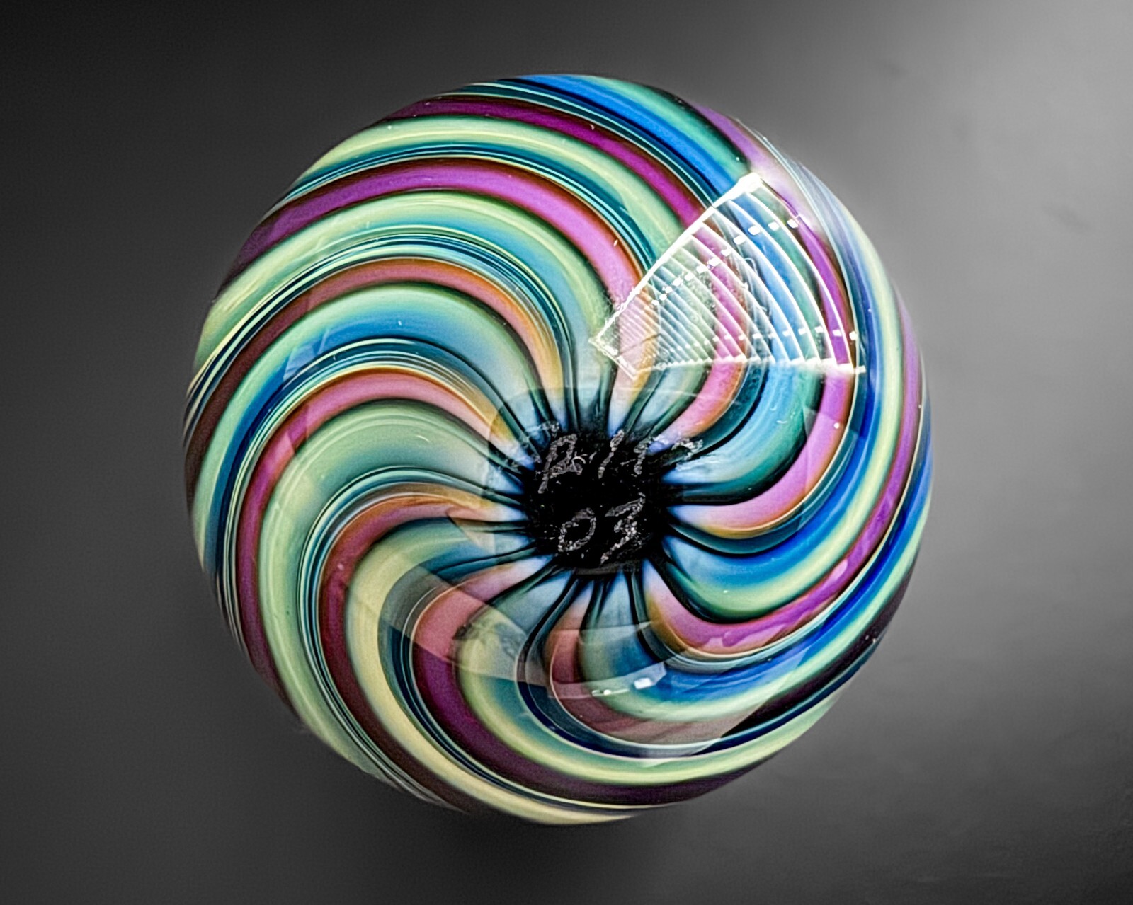 Fritz Lauenstein 1.5″ Green Purple Lampwork Swirl Art Glass Handblown Marble