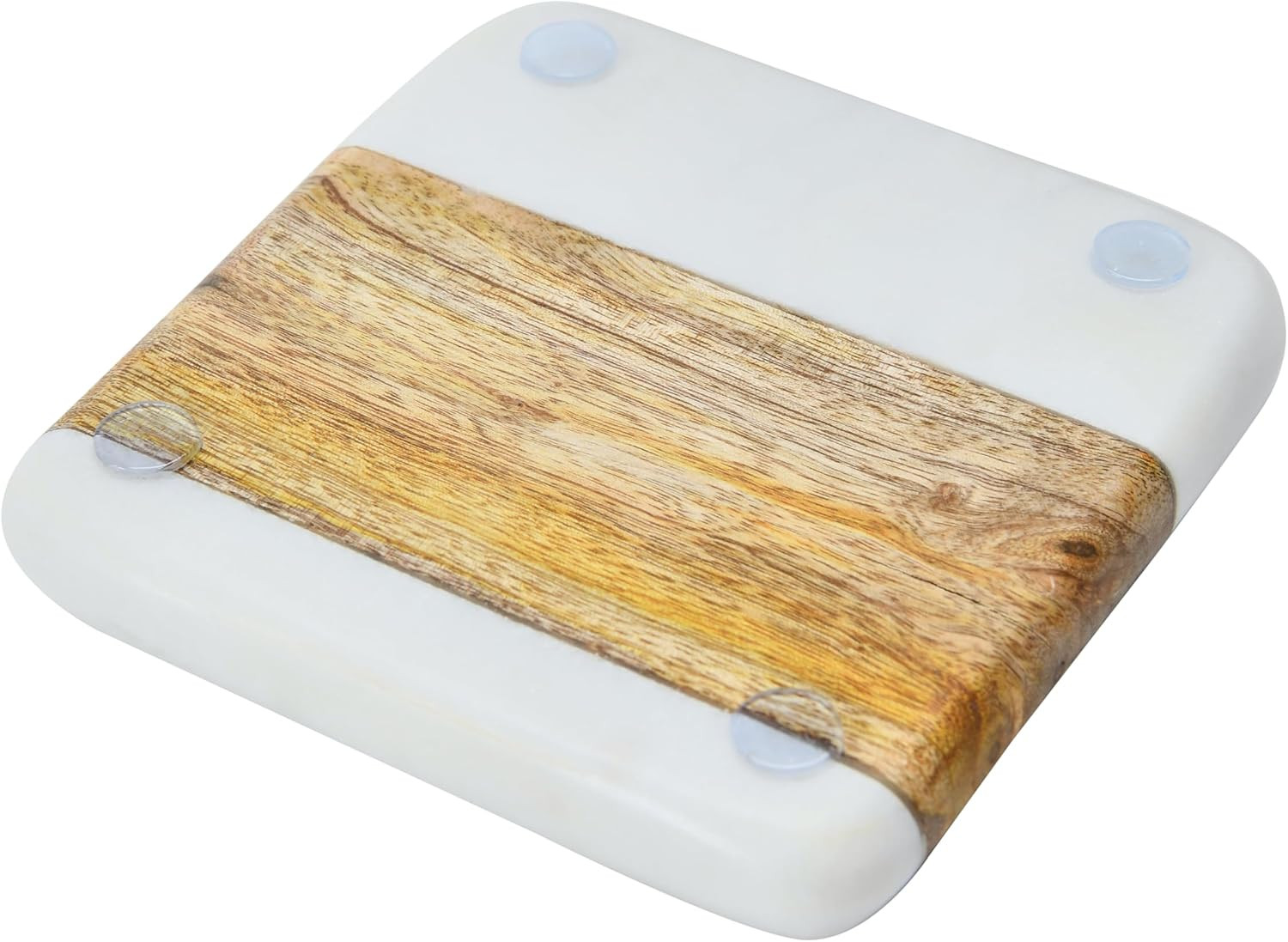 Marble & Acacia Wood Coasters, White & Natural, Set of 4
