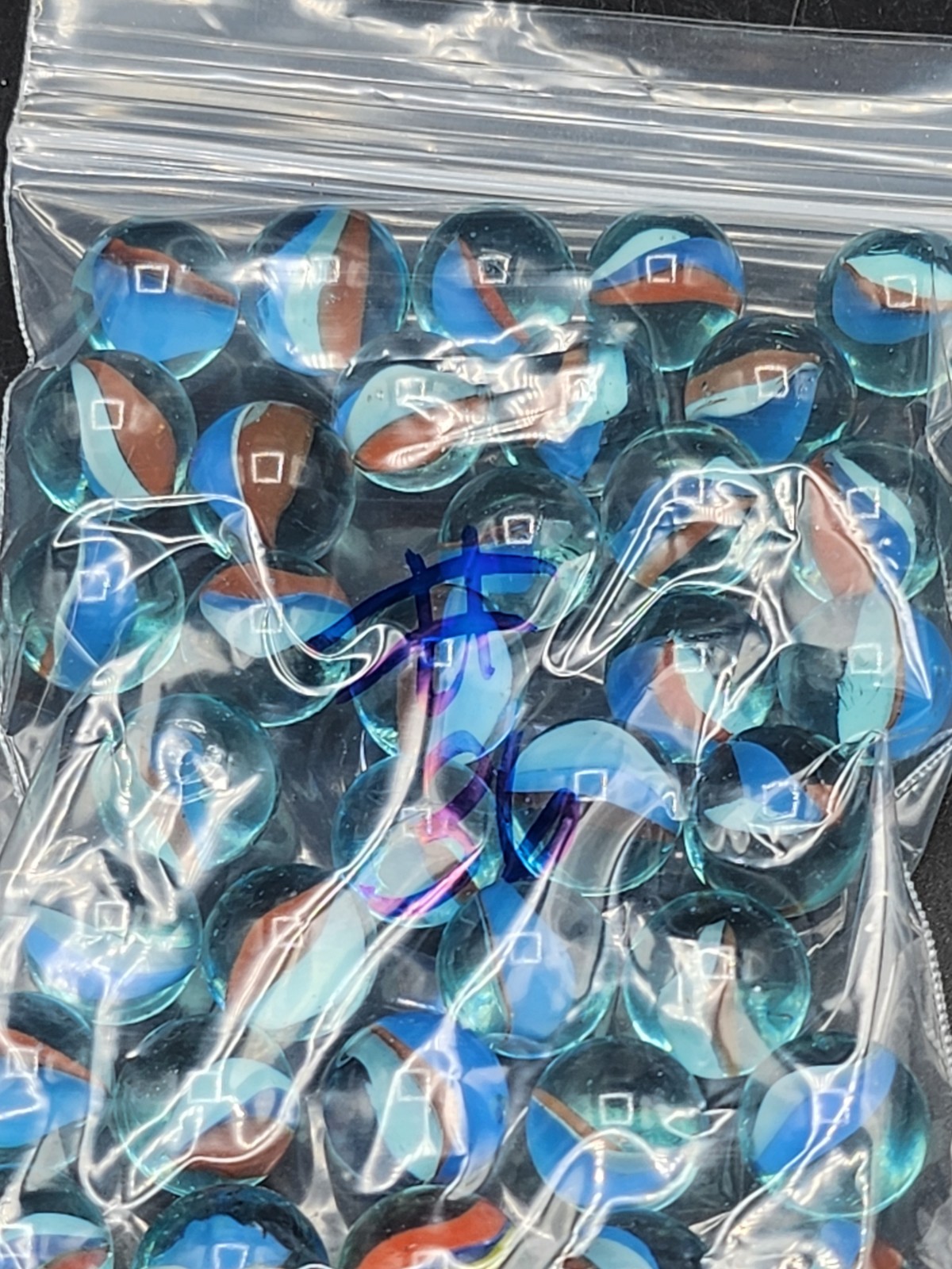 Vintage Set Of 36 Cat’s Eyes 3 Color Ribbon Swirl Blue Shooter Marbles