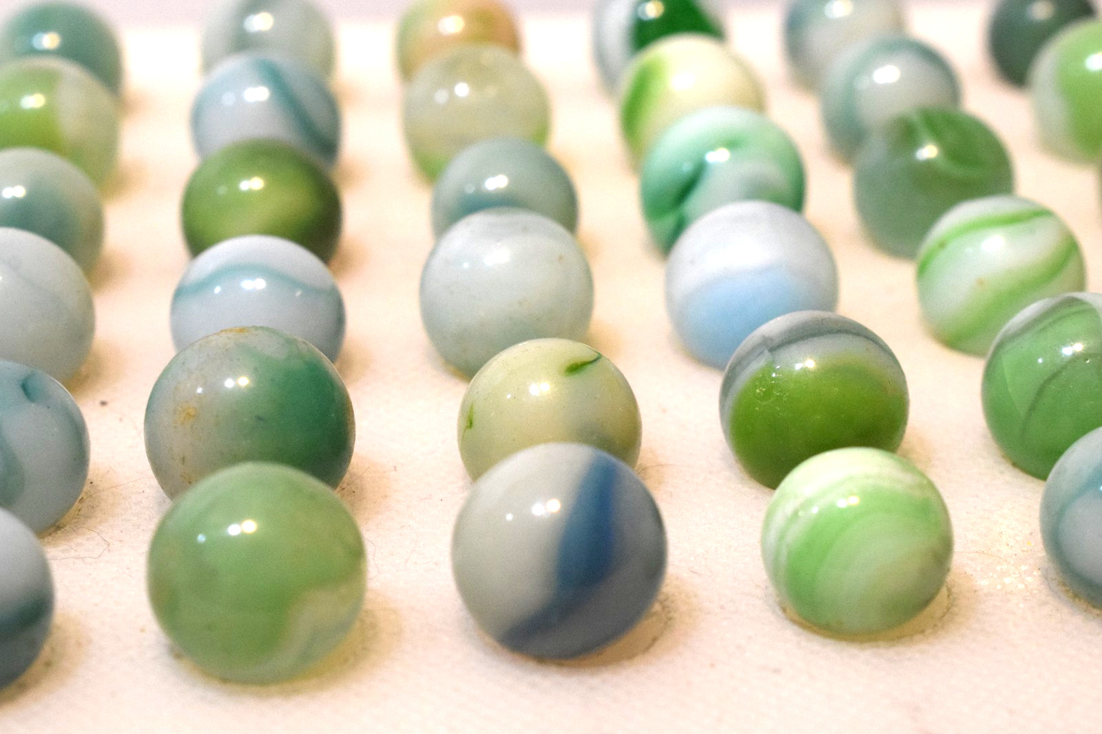 VITRO AGATE MARBLES ARKO 57PC MIXED LOT SHAMROCK GREEN AQUA BLUE COBALT LIME
