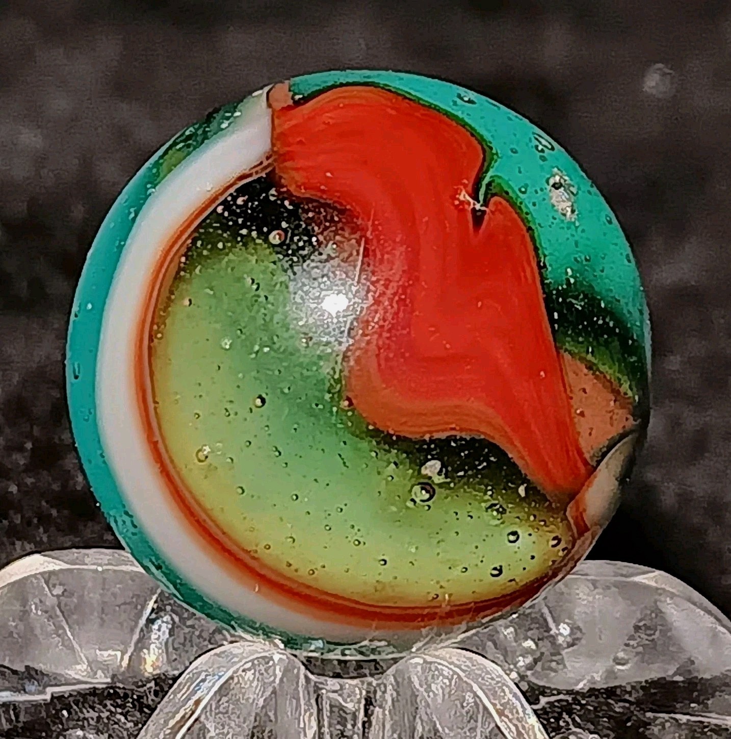 Vintage Pelter Glass NLR Multi-Color Rainbo Marble. W-Oxblood. .66″ Mint. HTF