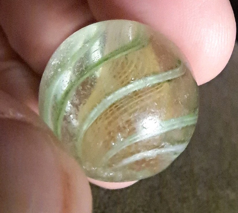 Antique Handmade German Marble – Green Swirl Latticinio Yellow Core
