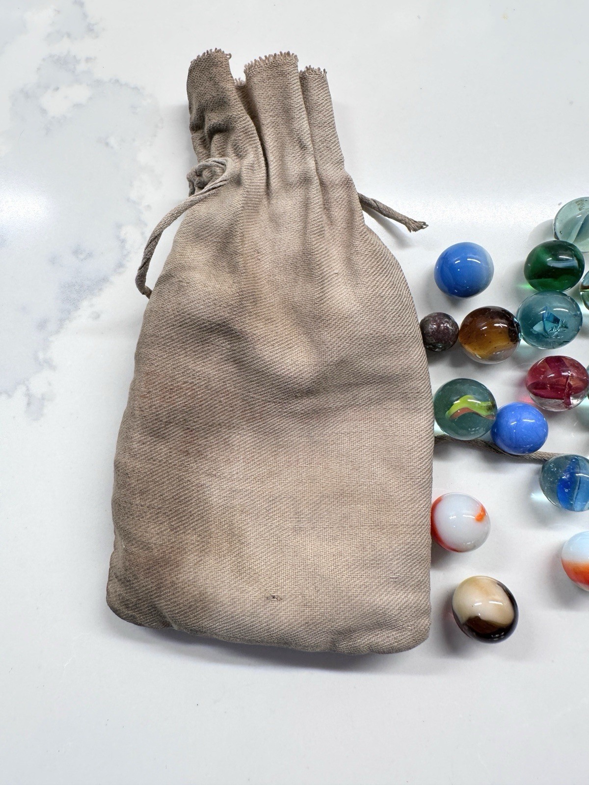 Vintage Glass Marble Lot with Original Cloth Bag Swirls Cat Eyes Shooter