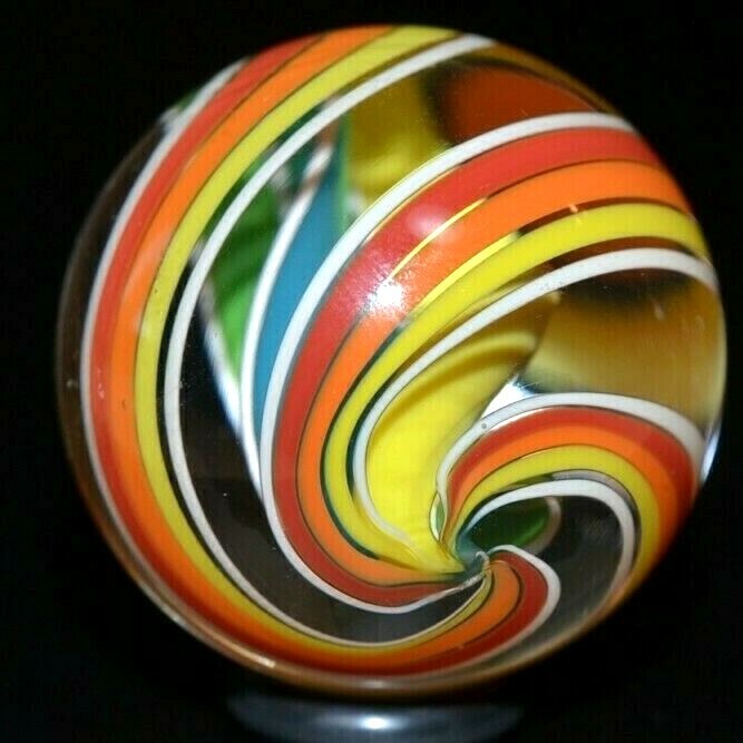 JODY FINE GLASS MARBLE/1.343″-CITRUS 3 FIN SWIRL-TURQUOISE,YELLOW,LIME,ORANGE+