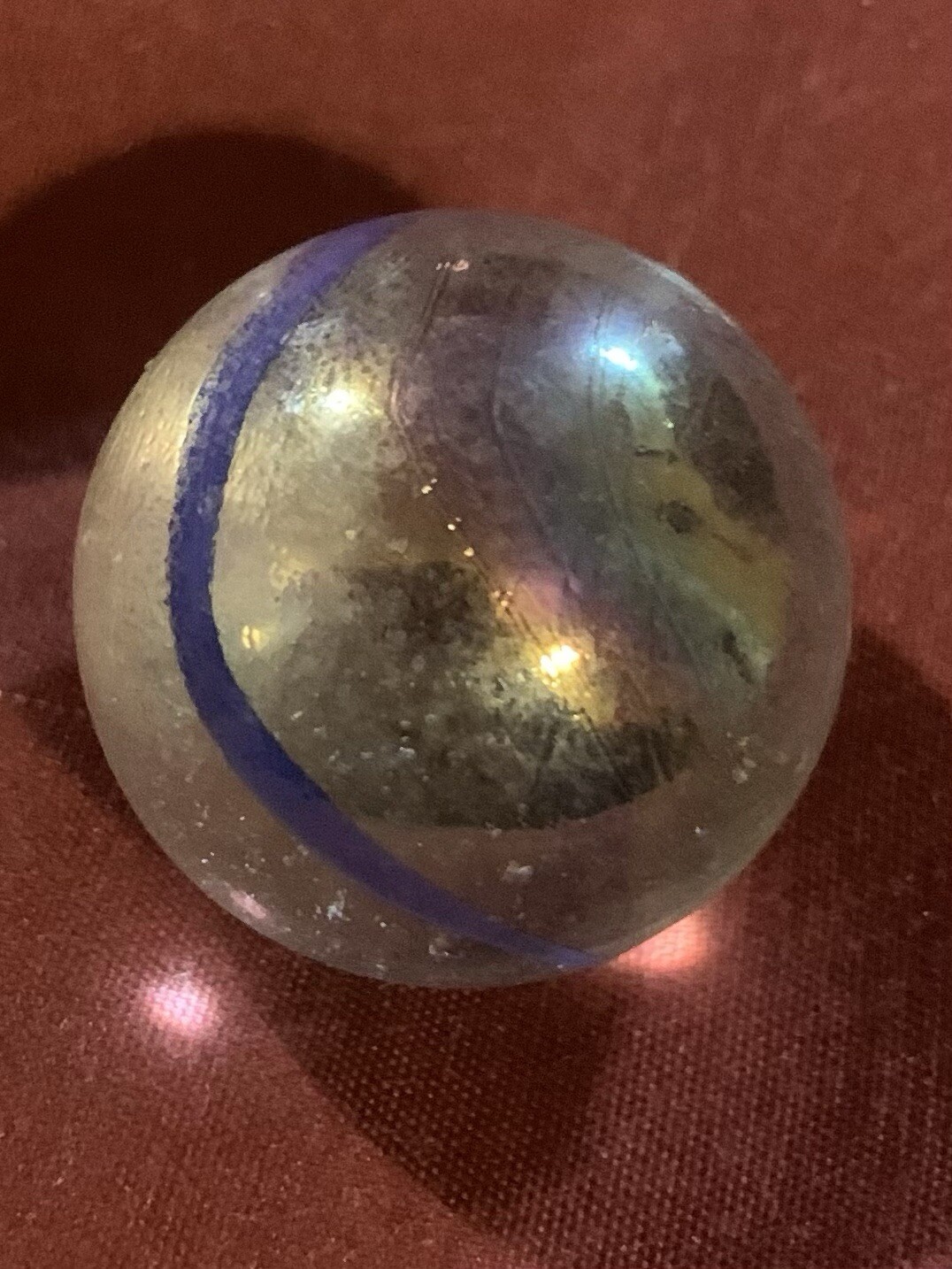 Vintage Clear Iridescent Blue Streak Shooter Marble 1”