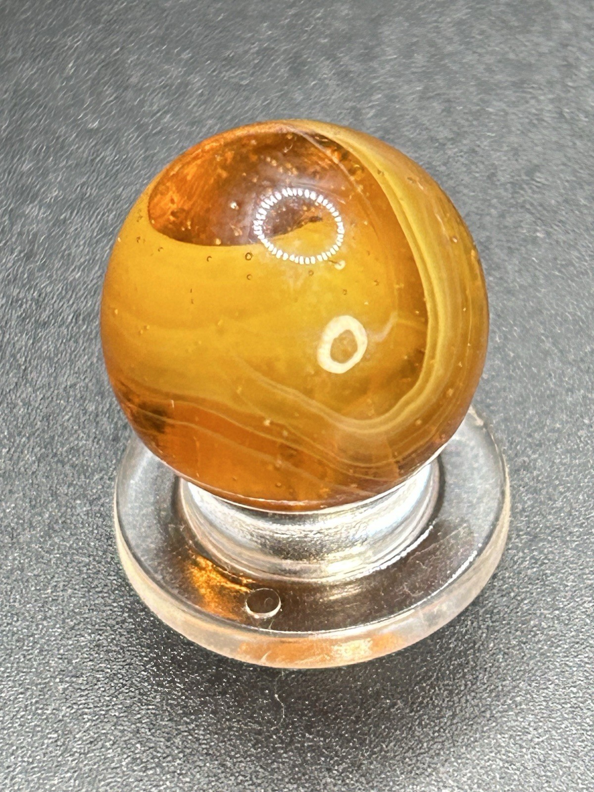 Vintage MF Christensen Amber Base 9 & Tail Marble w/Below Surface Pattern 0.709”