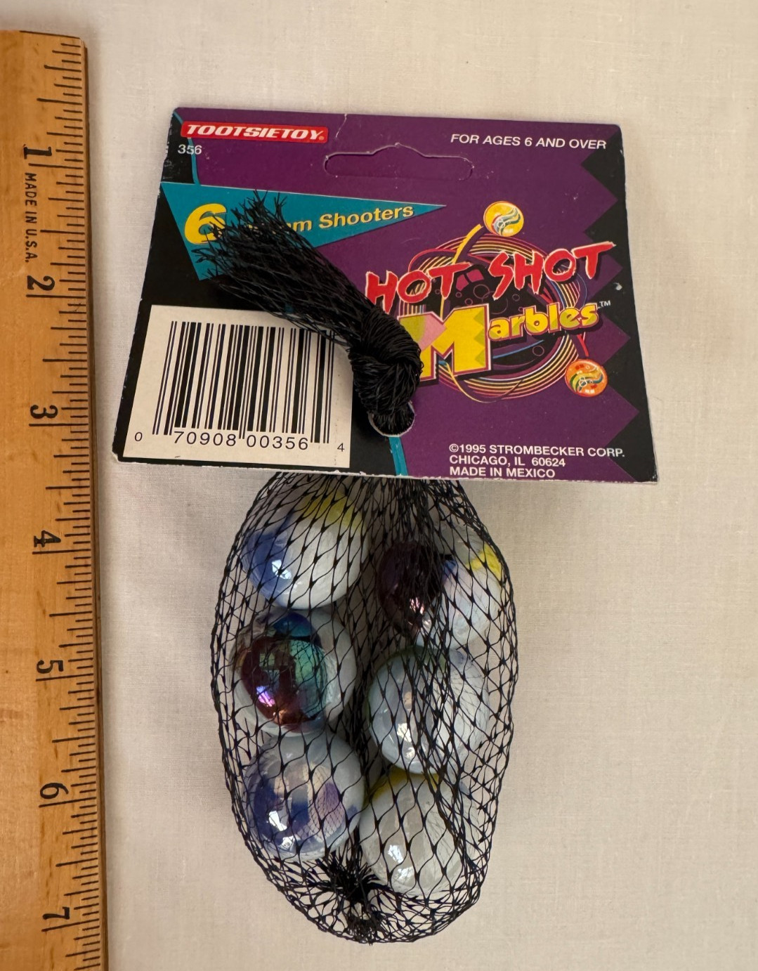 Tootsie Toy Hot Shot Marbles 6 25mm White Blue Green Yellow Swirl Shooters NEW