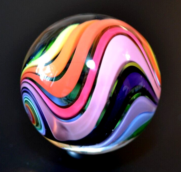 EDDIE SEESE GLASS MARBLE/1.998″-RAINBOW DRT w/FILIGRANA CANE-MAGENTA,LIME,VIOLET