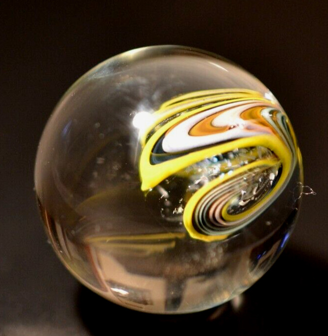 MIKE WARREN GLASS MARBLE/1.153″-TRIPLE ABALONE-PINK,EGGPLANT,GOLD,DICHROIC+