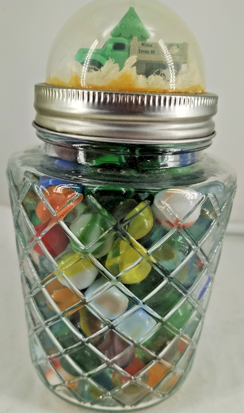 Vintage Glass Marbles In Vintage Jar 1 LG Shooter & Several Smalls 2.7lb. B2