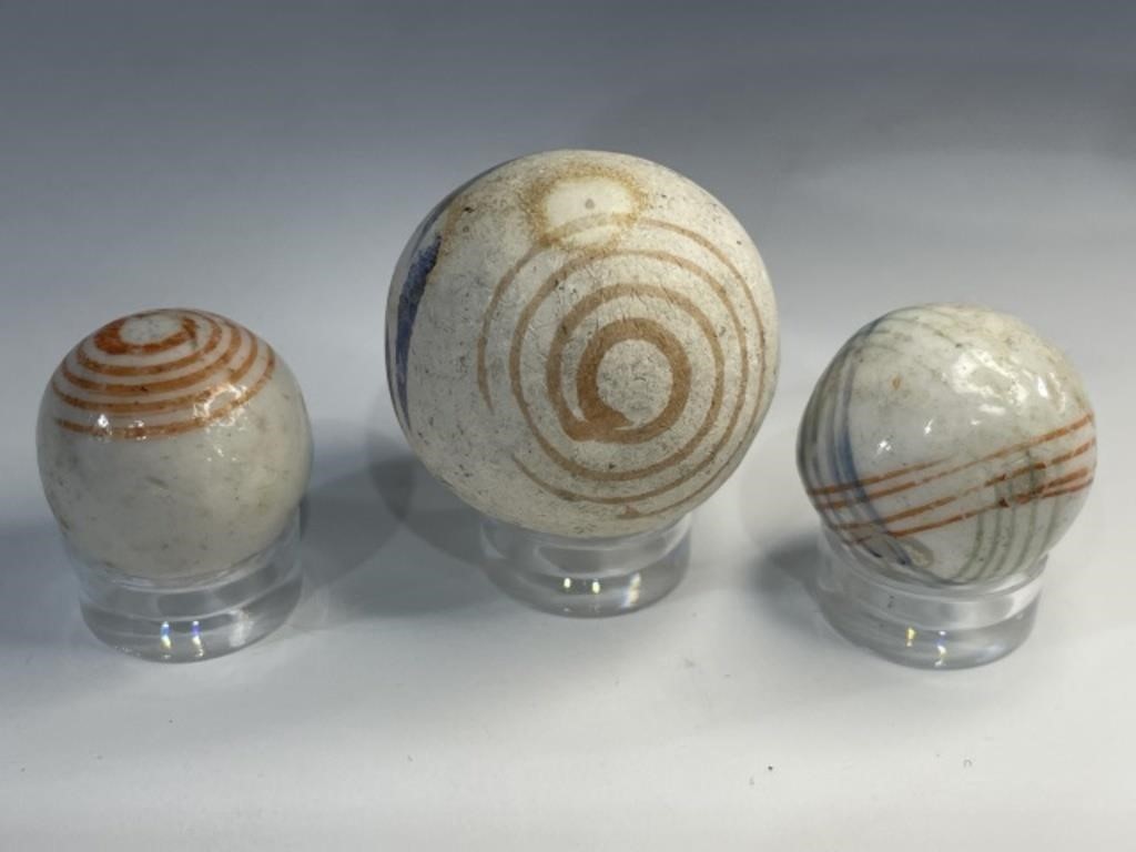 Lot of 3 Antique China Clay Marble Intersecting line Master helix swirl shooter