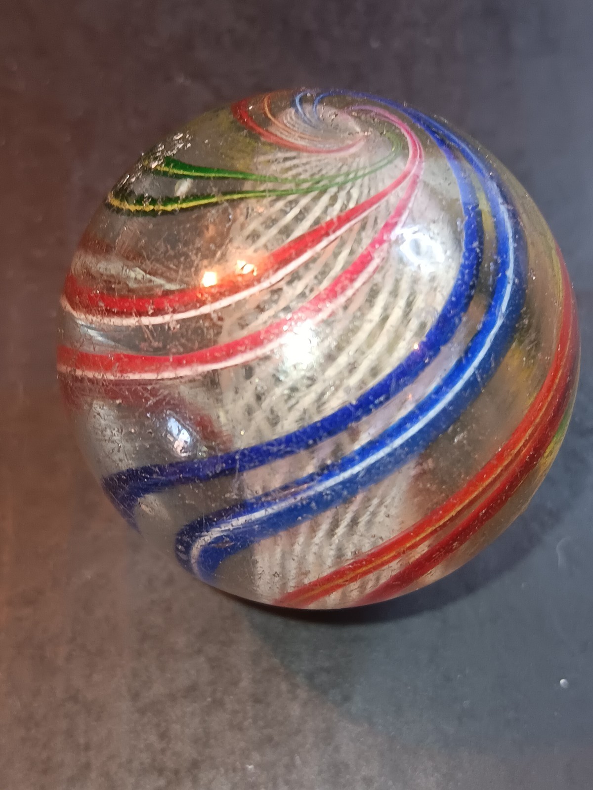 Handmade swirl Latticinio core Marble Vintage german Red Blue Green 1.84 inch