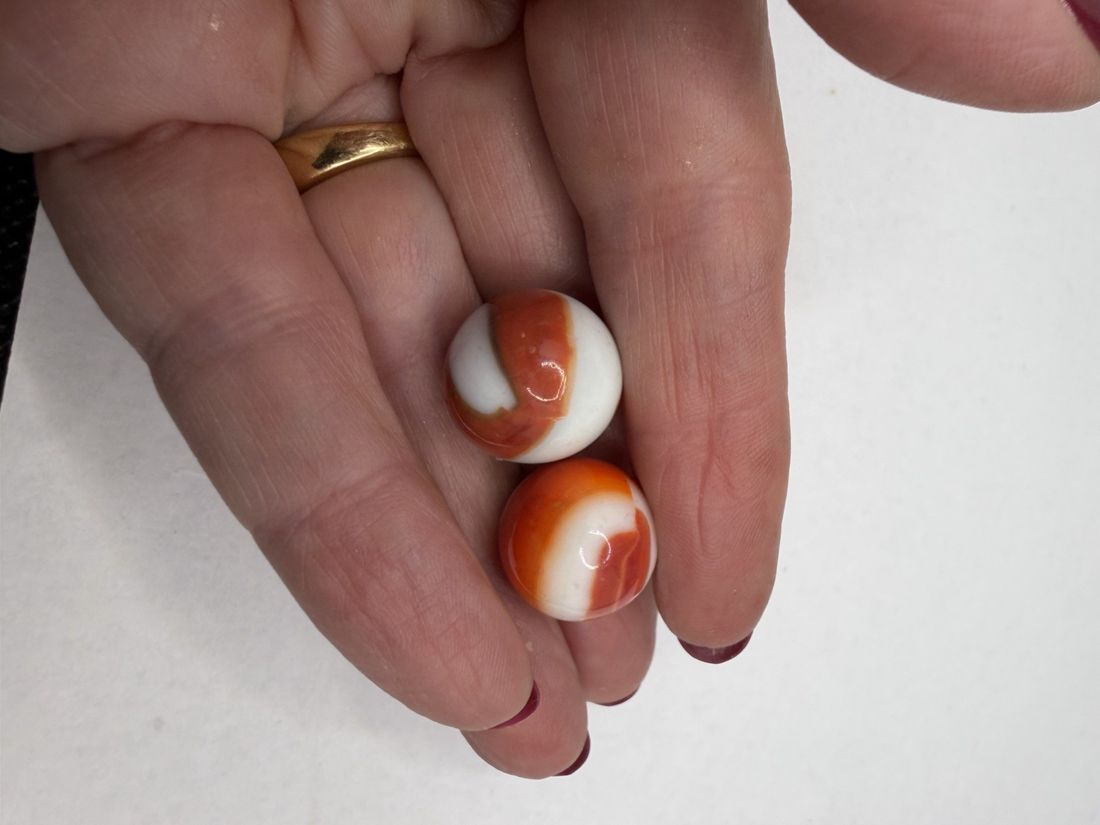 Pair Of Vintage Akro Agate Peltier Christensen Glass Swirl Marble Orange White