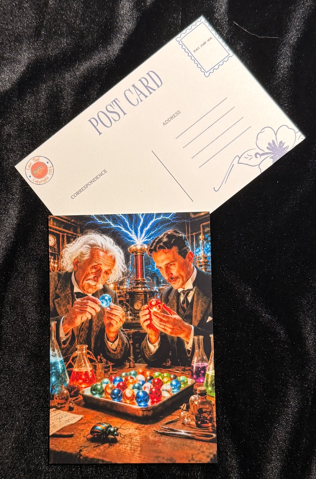 Einstein & Tesla Invent Electric Marbles 4×6 Collector Postcard ⚡🪲