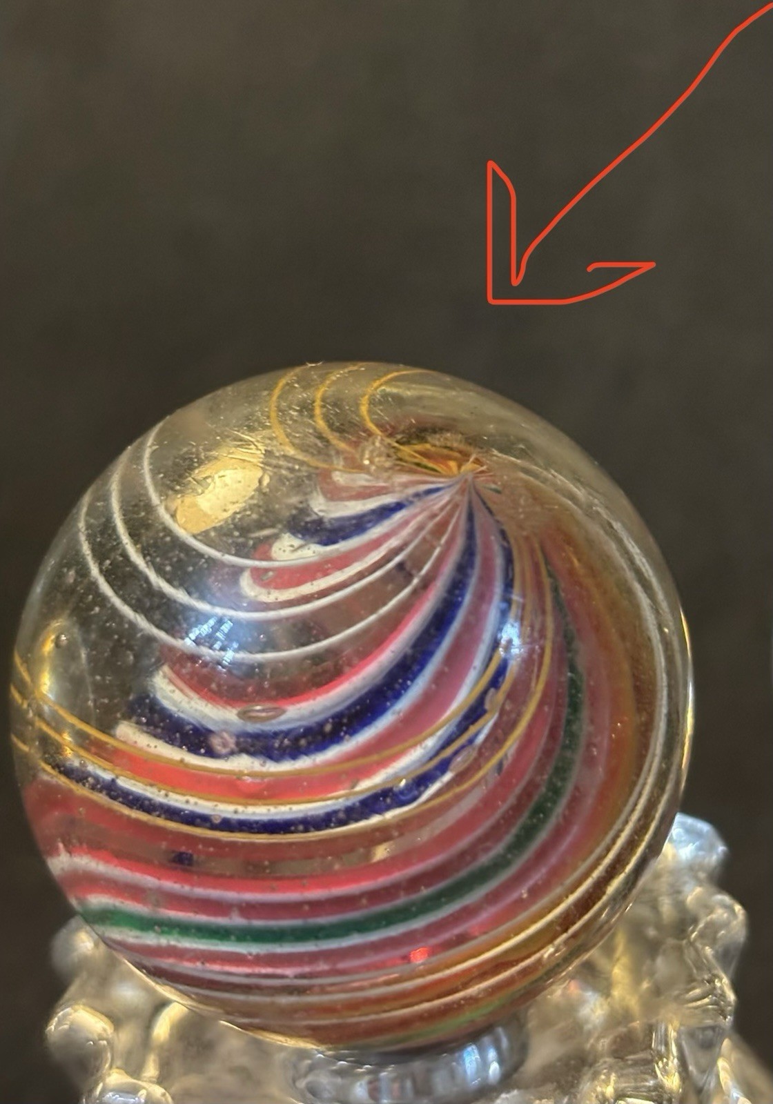 1 11/16” German Handmade Blown Divided Core Lattacino Swirl c1900 Unpolished VG+