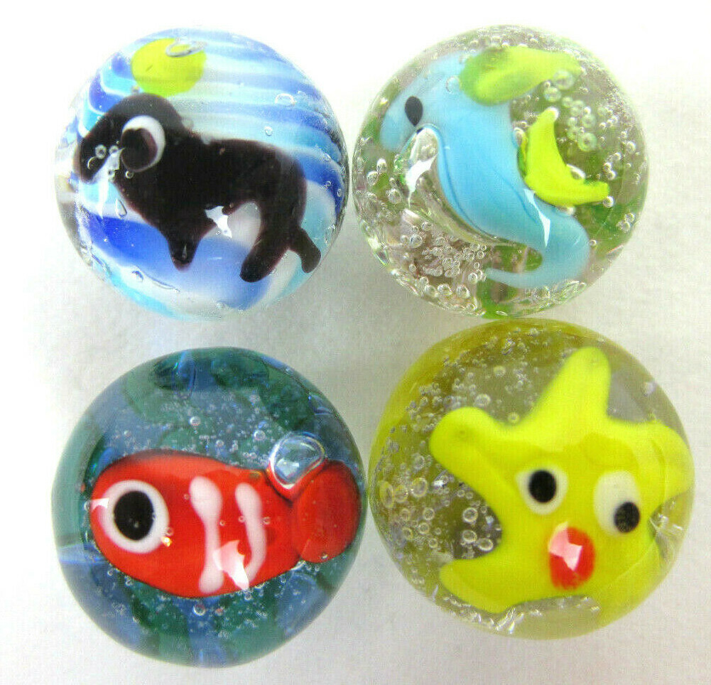 4 UNDER THE SEA Marble Seal, Fish, Starfish, Seahorse 16mm Handmade art glass