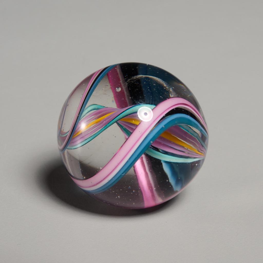 Pink Blue Yellow Swirl Divided Core Ribbon Marble 1.25″dia