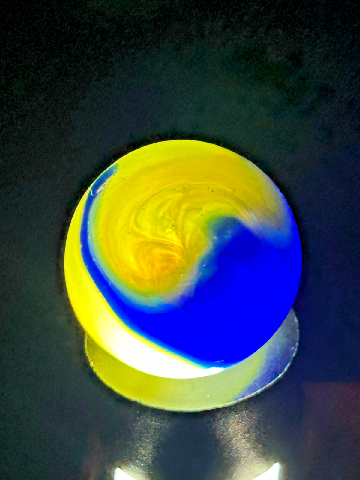 Vintage Akro Agate Blue “Egg Yolk” Popeye Marble, .74″, Near Mint, #OB9