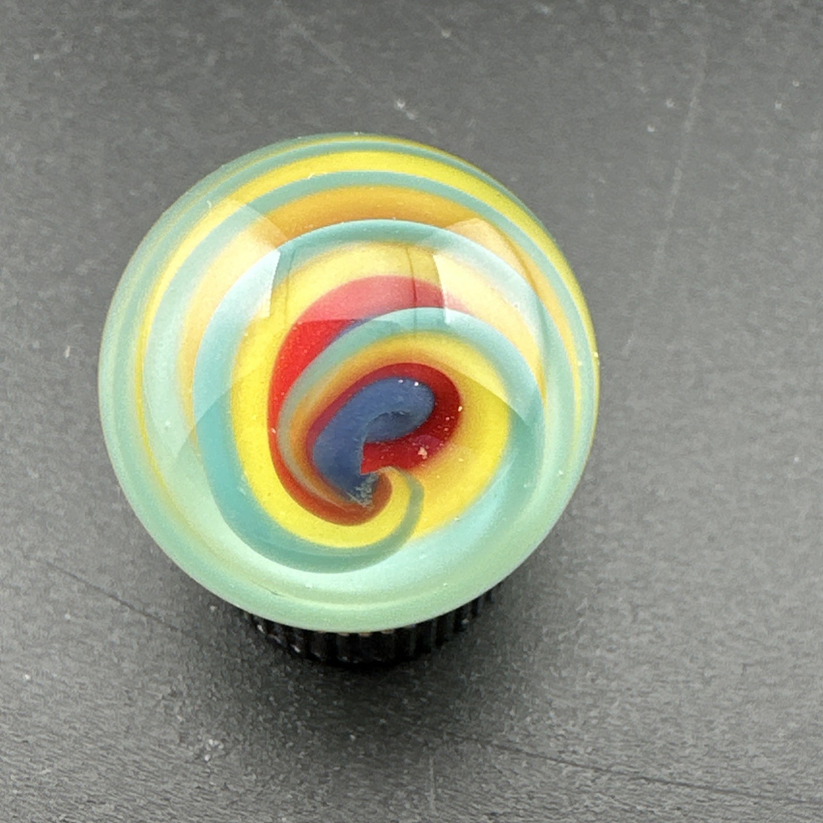 Contemporary Handmade Art Glass Marble .81″ Blue Red Yellow Twisty Swirl Core