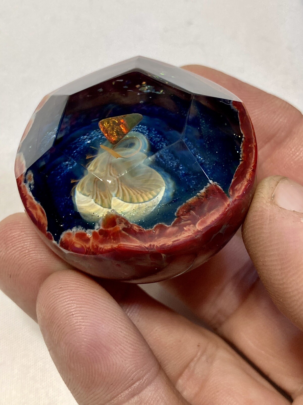 Glass Boro Marble 41mm W/ Opal Stone Hand Made Art Faceted ￼space Sculpture