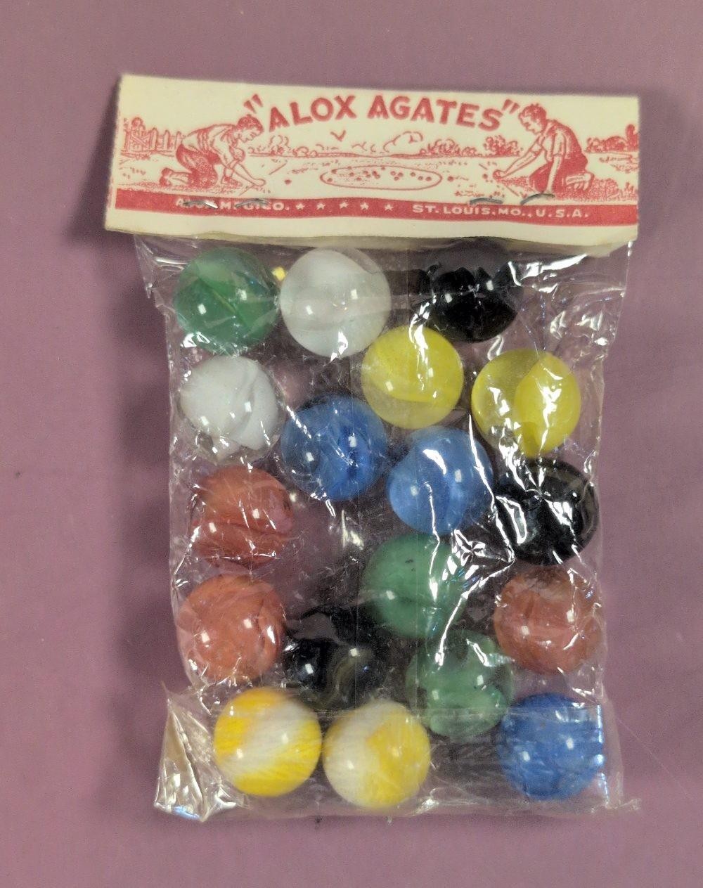 Vintage 1930s Alox Agates Marbles Unopened Bag Alox Mfg. Co. St. Louis MO USA
