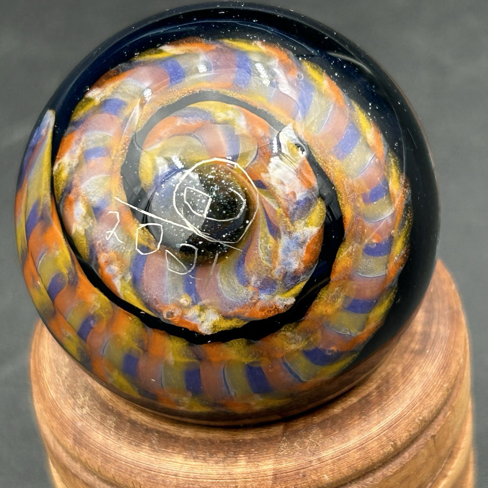 2021 Brock Eddleman Signed Art Glass Marble Rainbow Ribbon Cane 1.5”