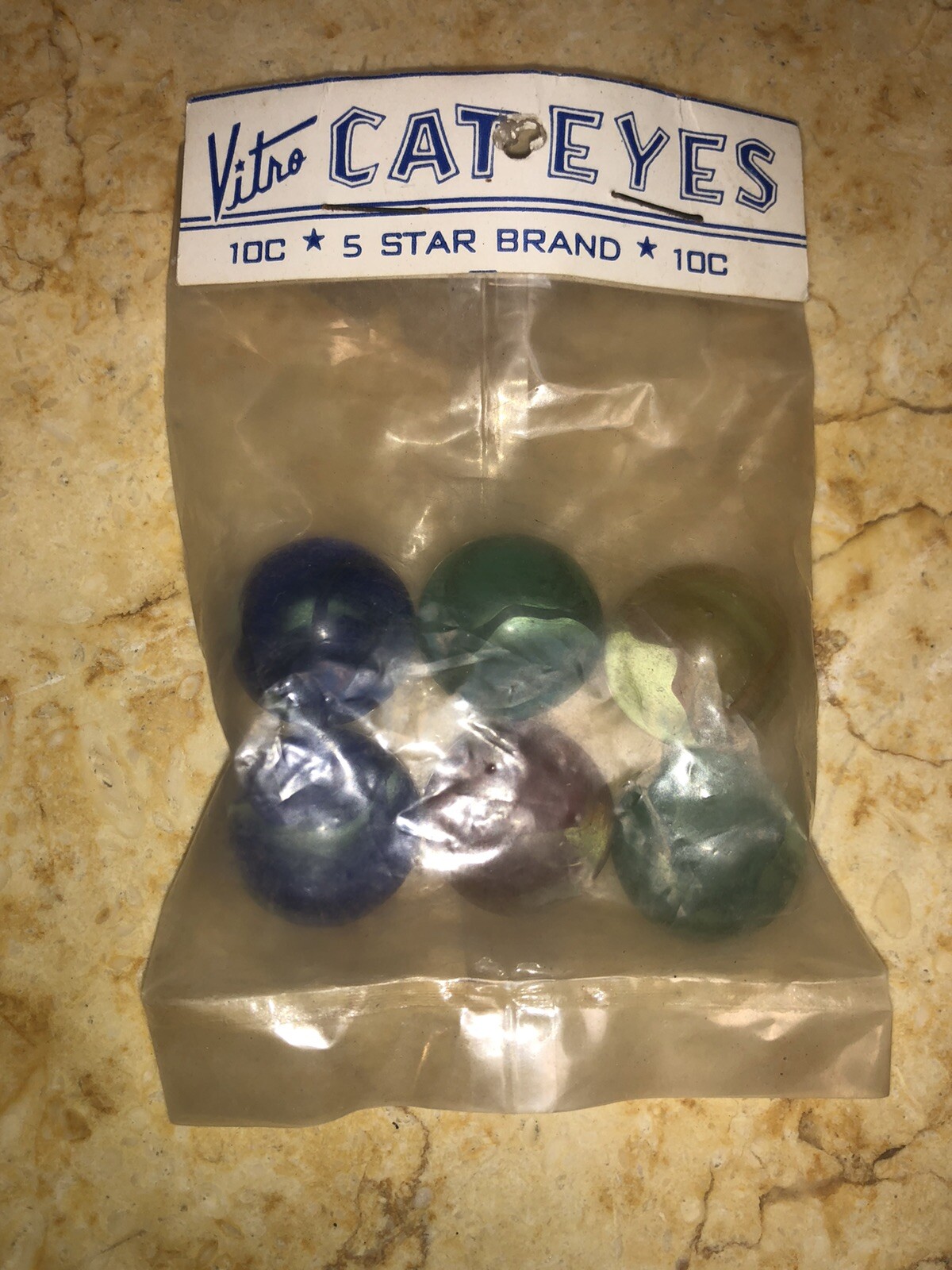 Vtg Marbles – Vitro Cat Eyes – 5 Star Brand – 10¢ – The Pride of Young America