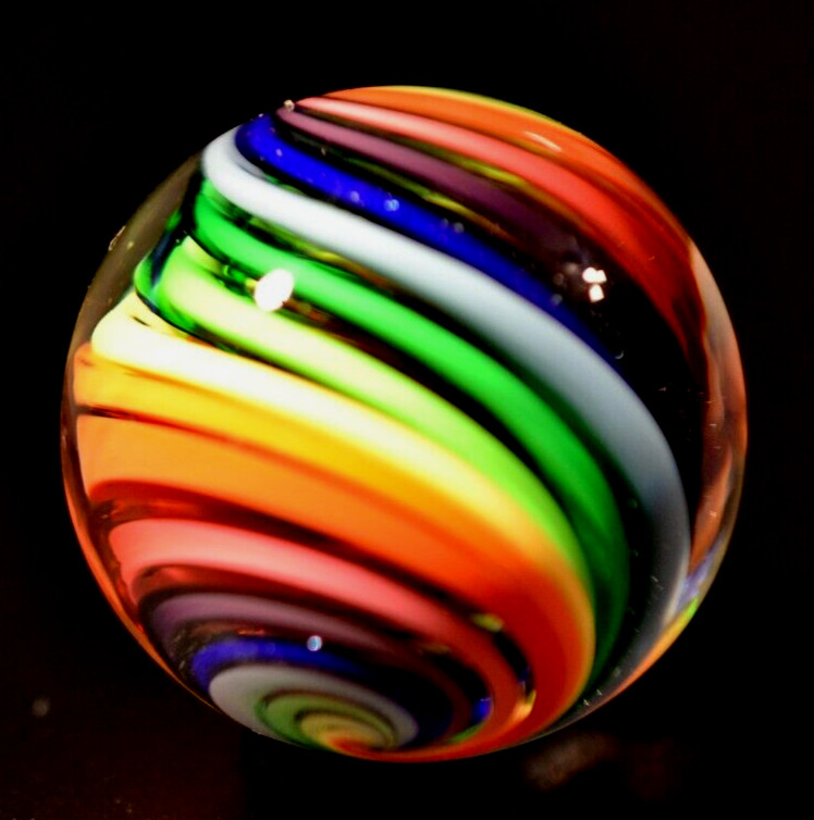 EDDIE SEESE GLASS MARBLE/1.493″-RAINBOW COBALT DICHROIC STRIPE-PERSIMMON,YELLOW+