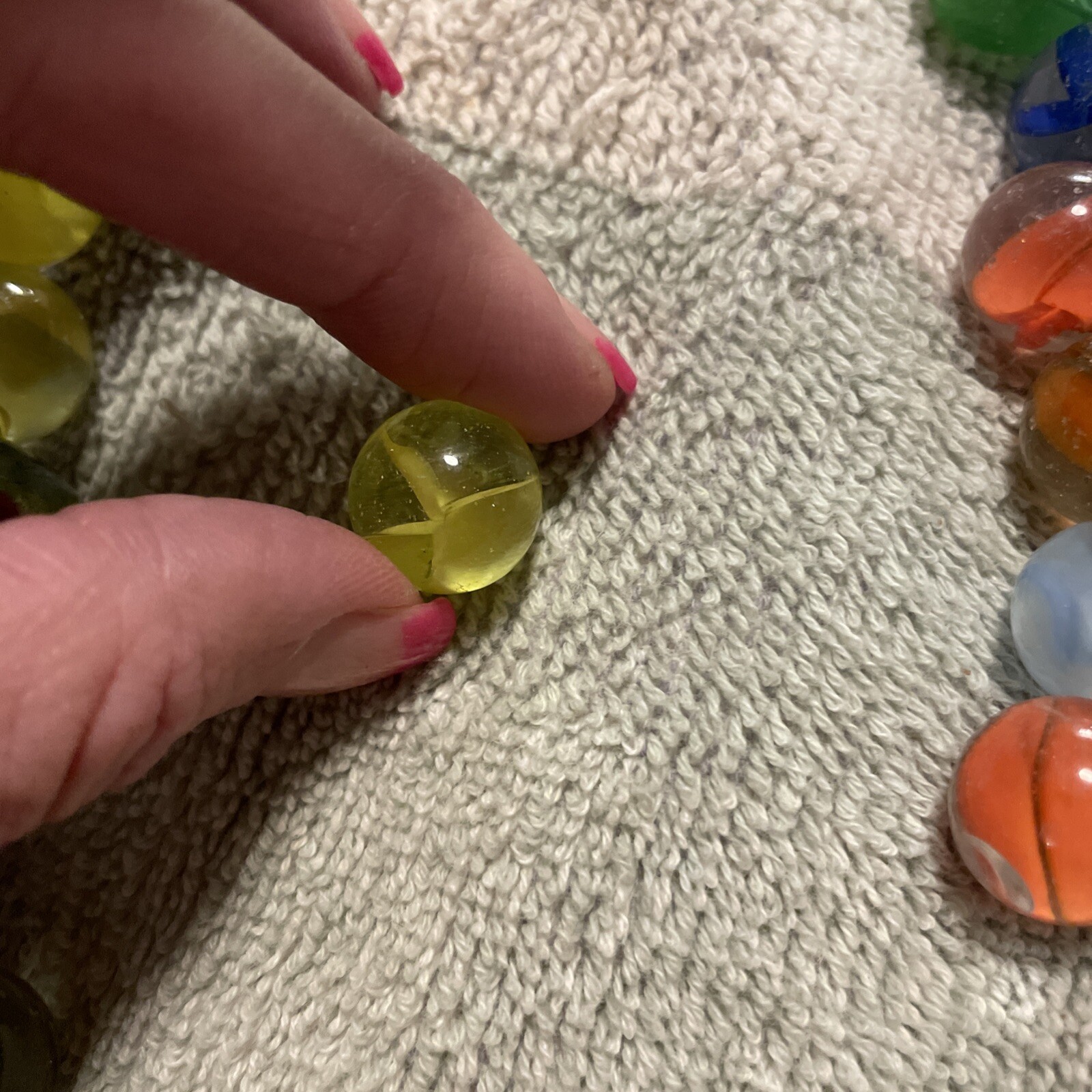 1930-1940’s cat eye 4 vein marbles. Total 12, 1 In, .75 , 10 .50