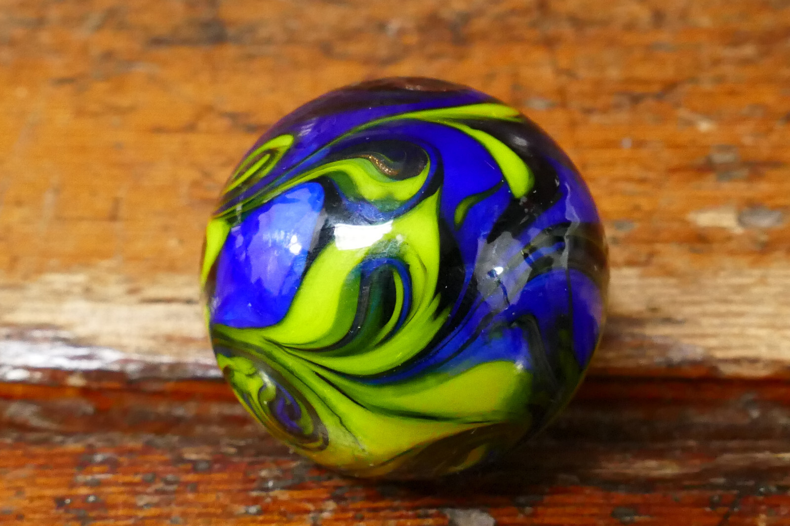 Vintage Hand Blown Art Glass Marble Blue Yellow & Green Swirl – 1 3/16” Diameter