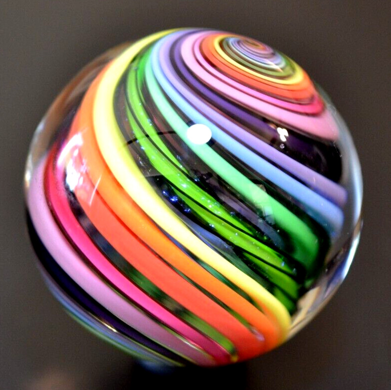 EDDIE SEESE GLASS MARBLE/1.829″-FILIGRANA JOSEPH’S COAT RAINBOW DT-GREEN,TURQ.+