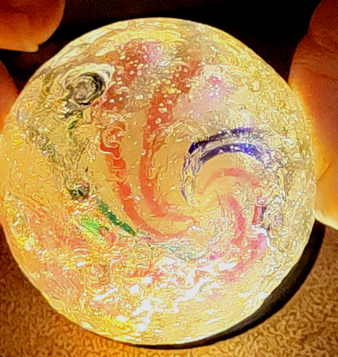 TOY MARBLE 1.1” marble trilevel ,solid core, 4 panel ribbon swirl, requ ground