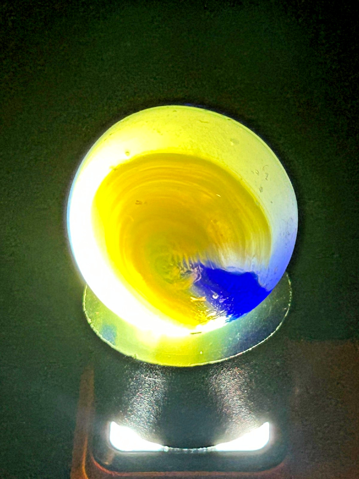 Vintage Akro Agate Blue “Egg Yolk” Popeye Marble, .74″, Near Mint, #OB9