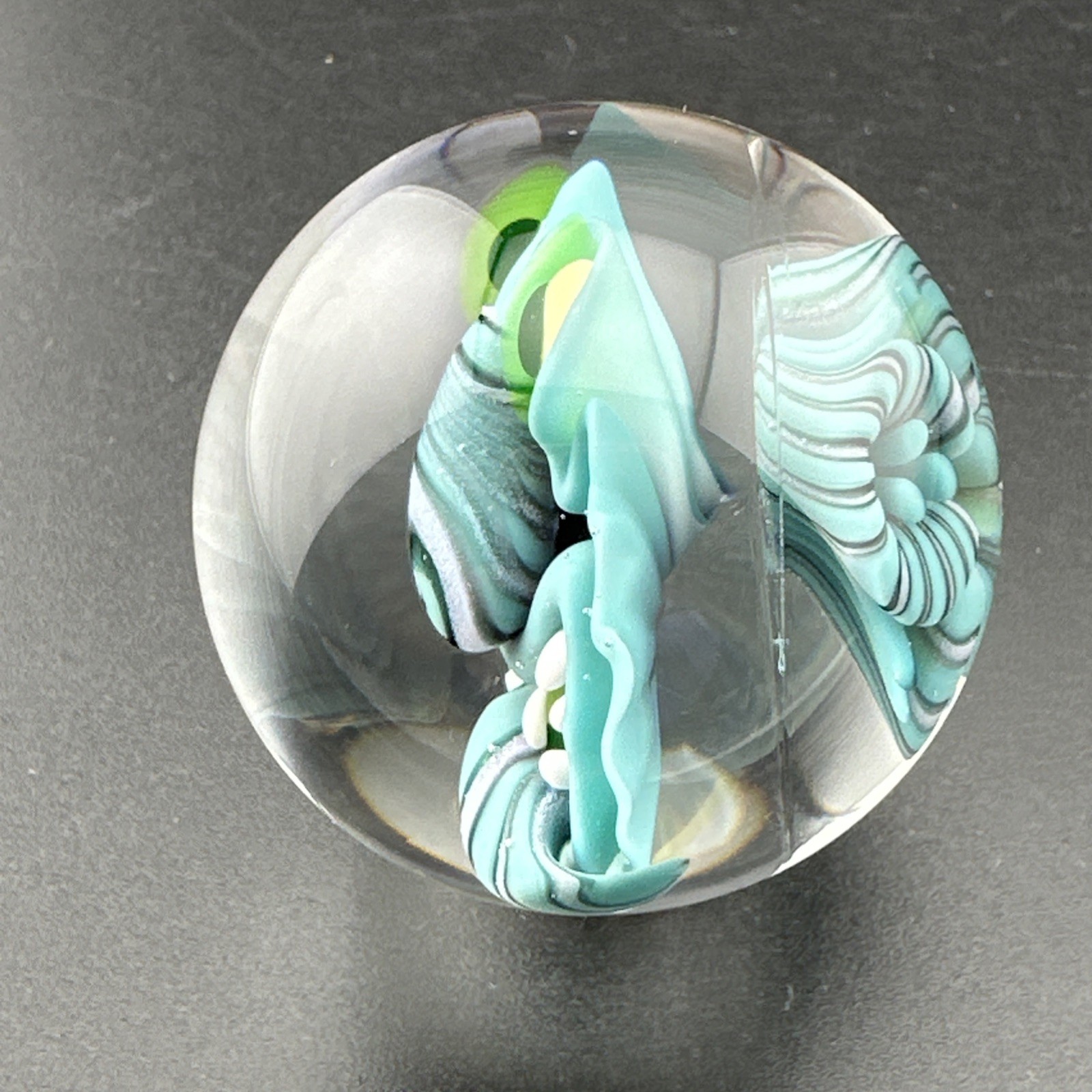 Contemporary Handmade Art Glass Marble 1.46″ Blue Monster, Flower, + UV Glow!