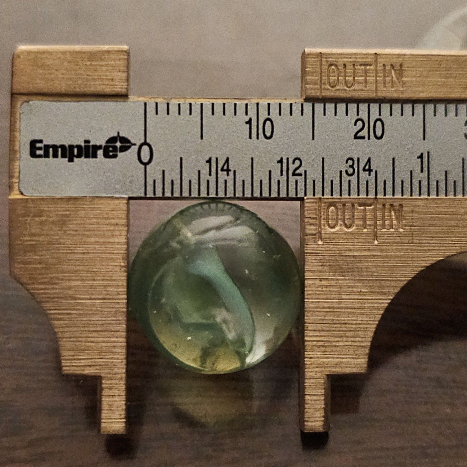 Vintage Vacor Green Spaghetti Ribbon .593″ Glass Marble w Huge Cold Roll Gash