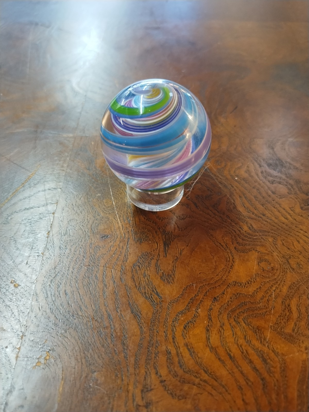Jody Fine “Captain Marble” Pastel Latticino Swirl Art Glass Marble with Stand