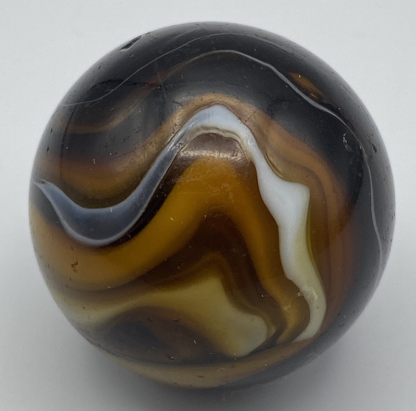 Marble : Scarce M.F. Christensen Brown Opaque White Swirl Slag Shooter 31.75mm