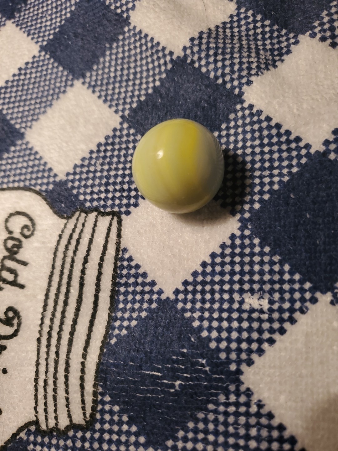 Large Opaque Yellow White Glass Marble W Blue Stripes Shooter Swirl Vintage