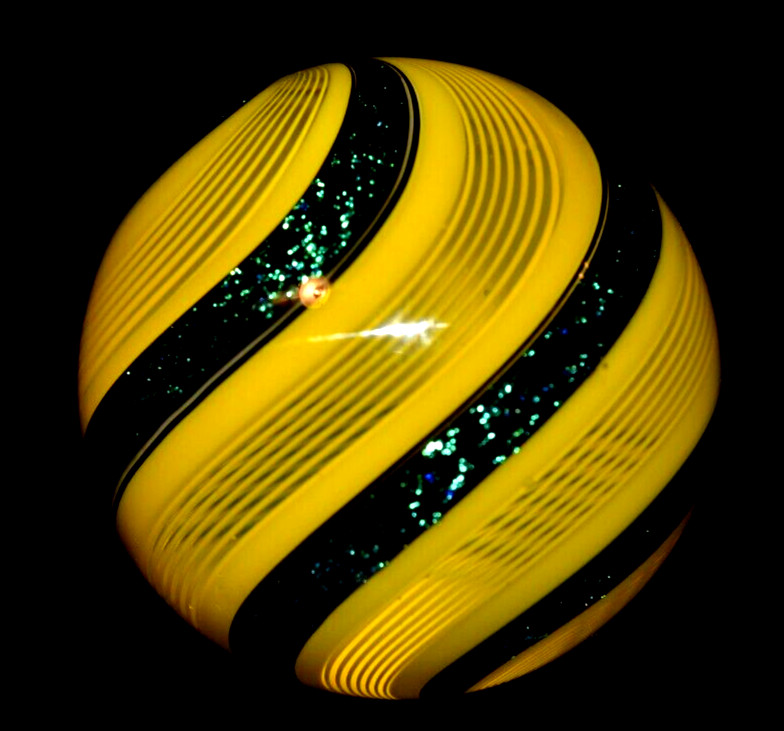 HOT HOUSE GLASS MARBLE/1.712″-SUNFLOWER W/TURQUOISE BANDED FINE LINER #319-FAST