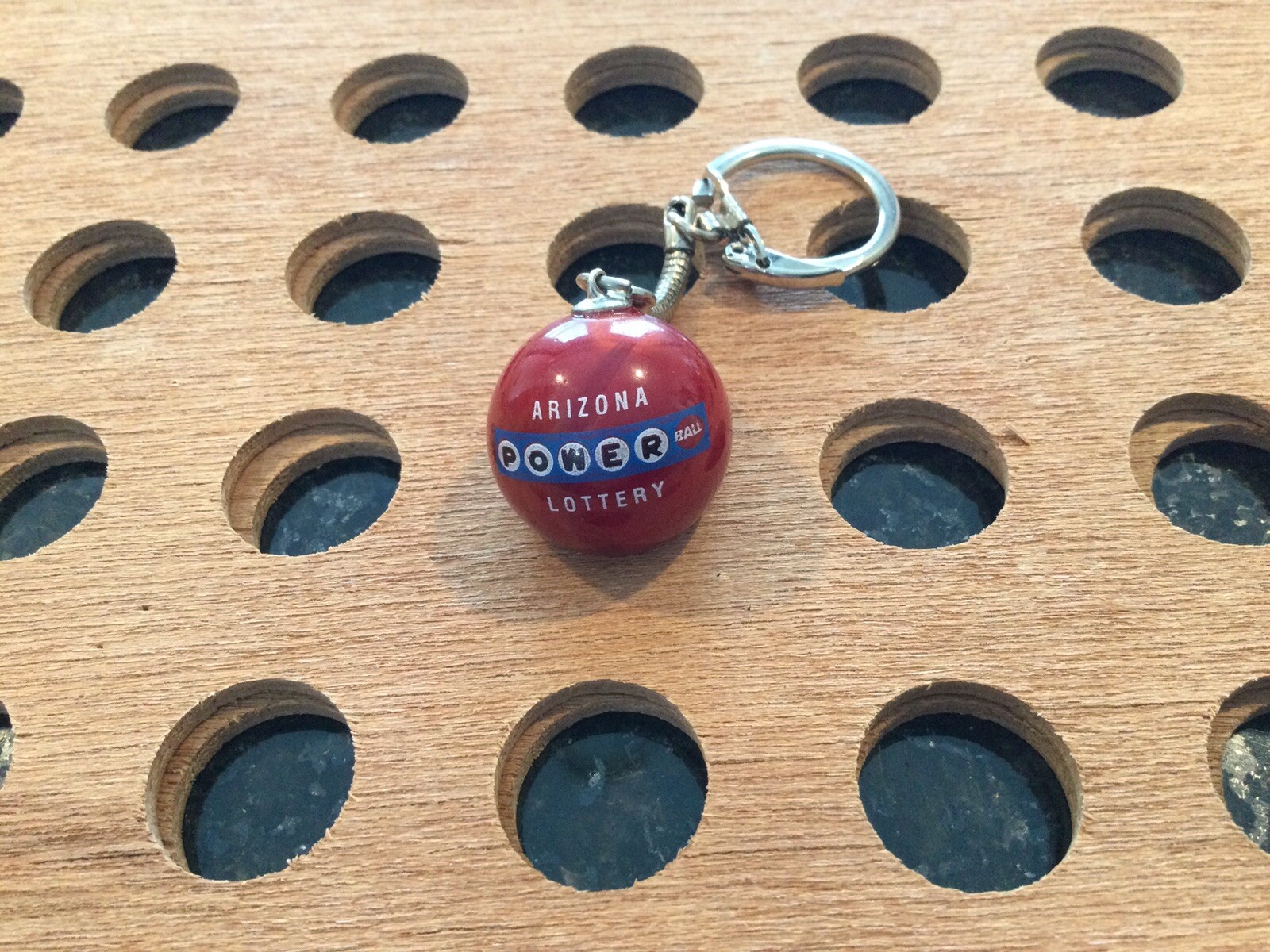 Vintage |”Arizona Powerball Lottery”| White & Black Print on Red Marble Keychain