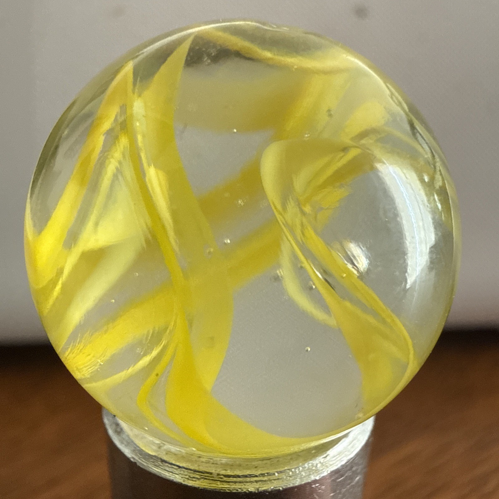 Yellow Lustered Spaghetti 0.95″ Glass Marble Iridescent w Swirls