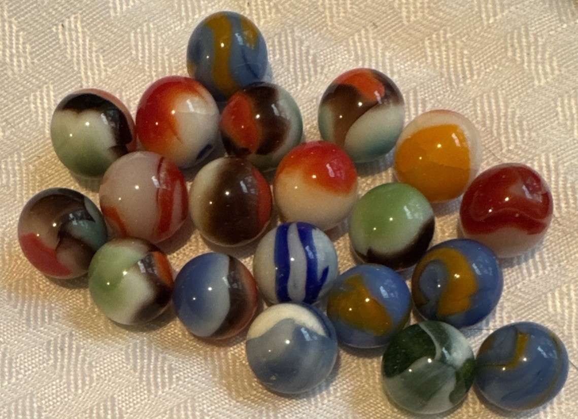 Vintage Glass Marbles Lot 20 Opaque Swirl Patch Ribbon Akro Peltier Style 5/8”