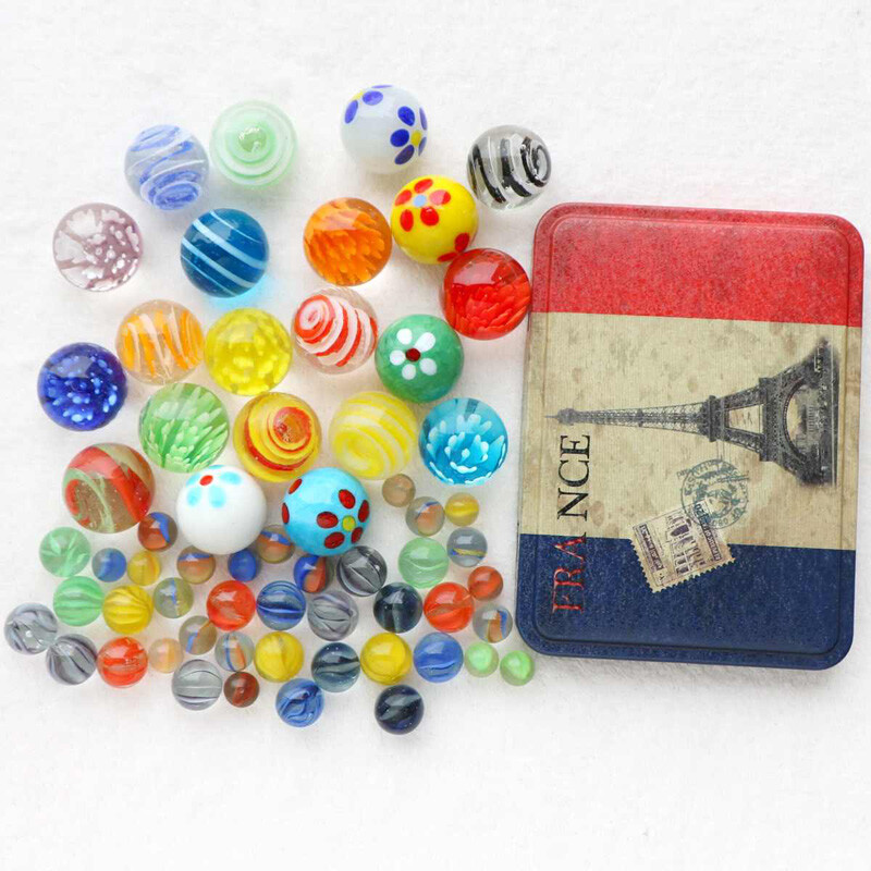Traditional Classic Retro Glass Marbles In a Tin 61pcs Game Assorted Colour