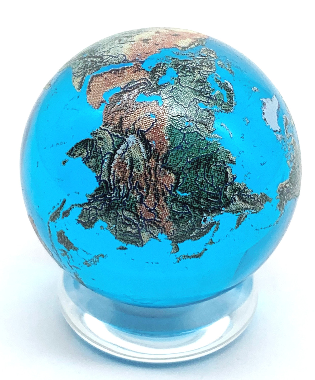 35mm Aqua Crystal Earth Sphere Marble & Glass Stand w/ Natural Earth Continents