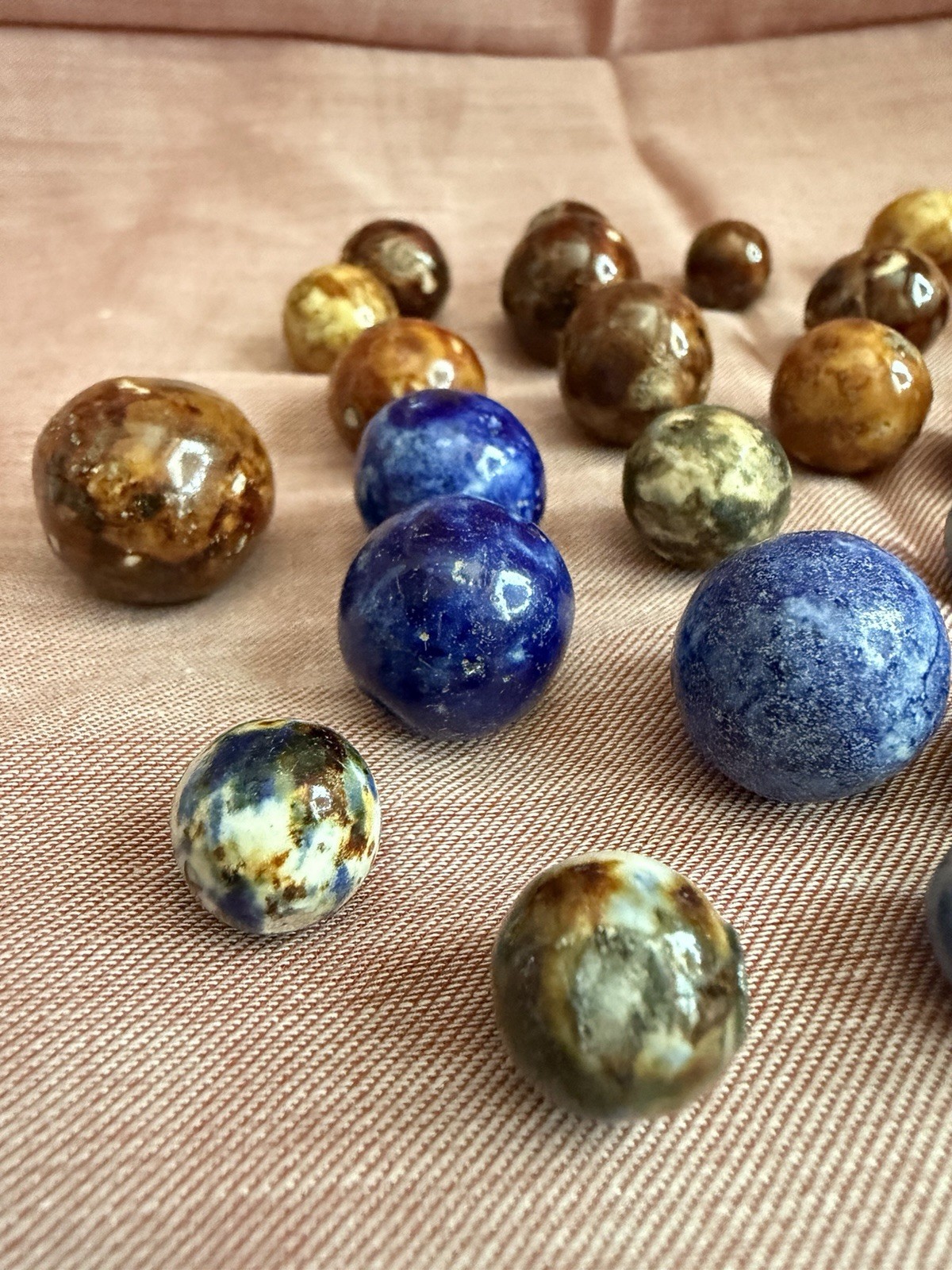 Bennington Marbles 33 Piece Lot Blue Brown Fancy Salt Glazed Clay