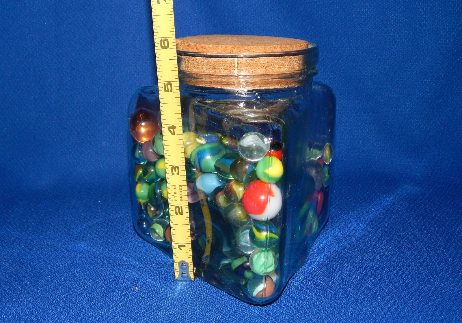 Vintage Triangular Glass Jar of Vintage Marbles w/ Shooters Cat Eyes MORE 4 lbs