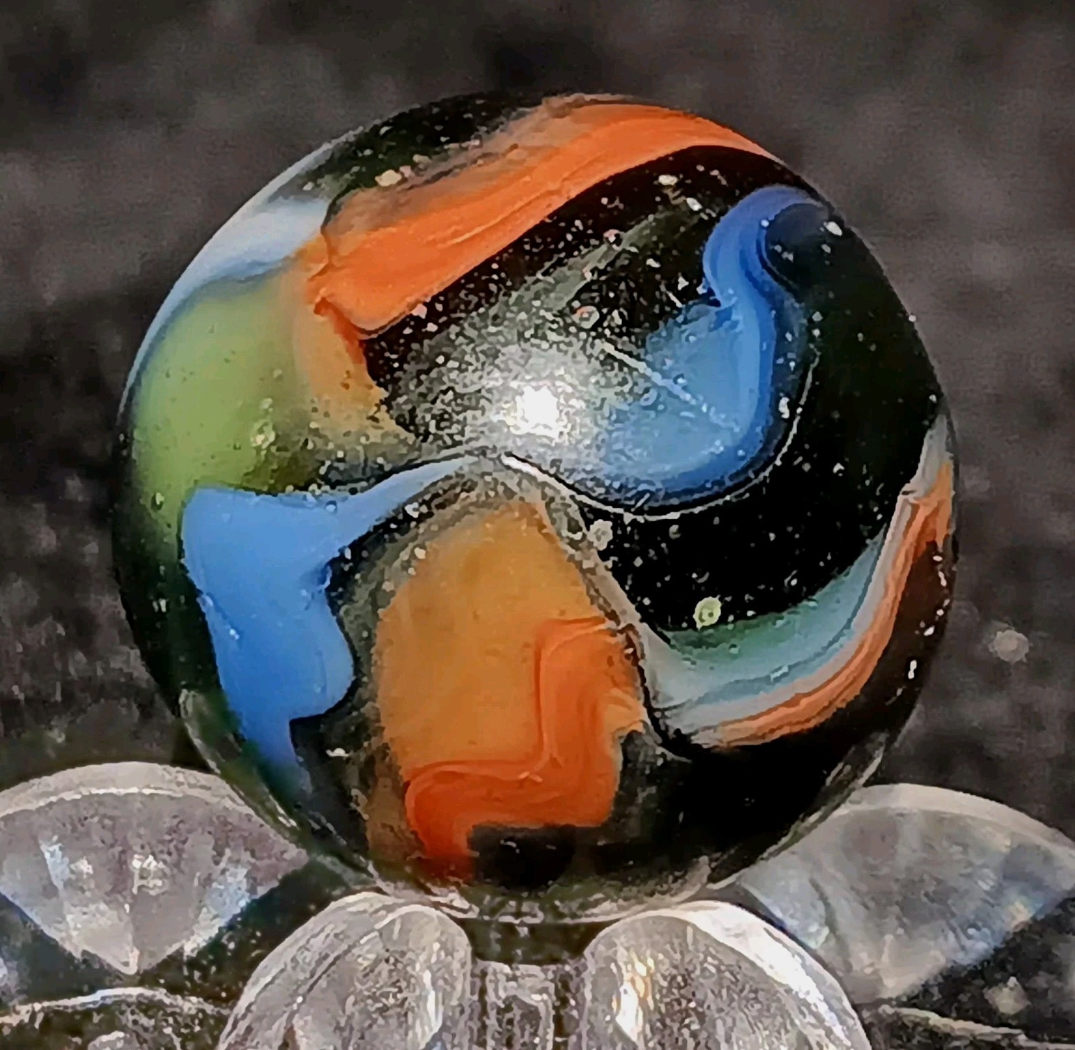 Vintage Pelter Glass Multi-Color Swirl Marble. 61″ Nm. Uv Active.